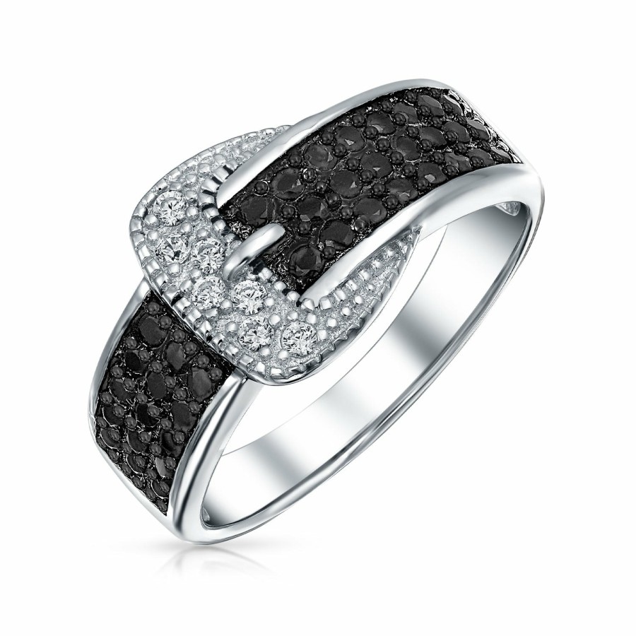 Shop Women Bling Jewelry Unique Rings | Trendy Fashion Pave Black Cz Belt Buckle Band Ring .925 Sterling Silver