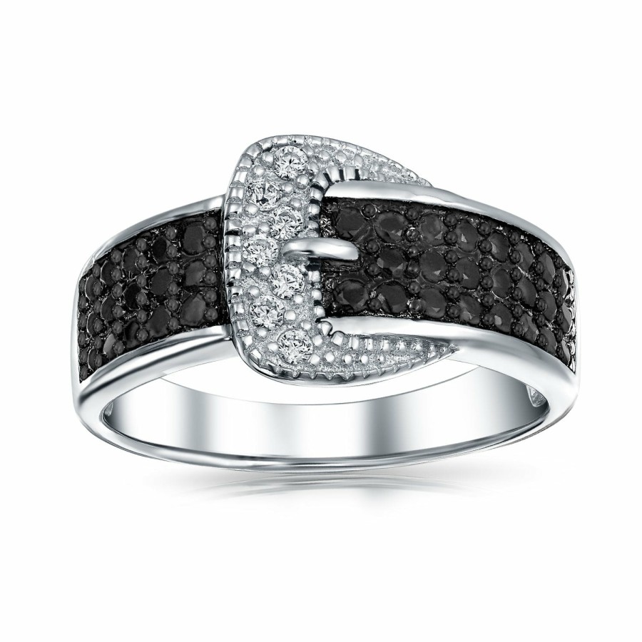 Shop Women Bling Jewelry Unique Rings | Trendy Fashion Pave Black Cz Belt Buckle Band Ring .925 Sterling Silver