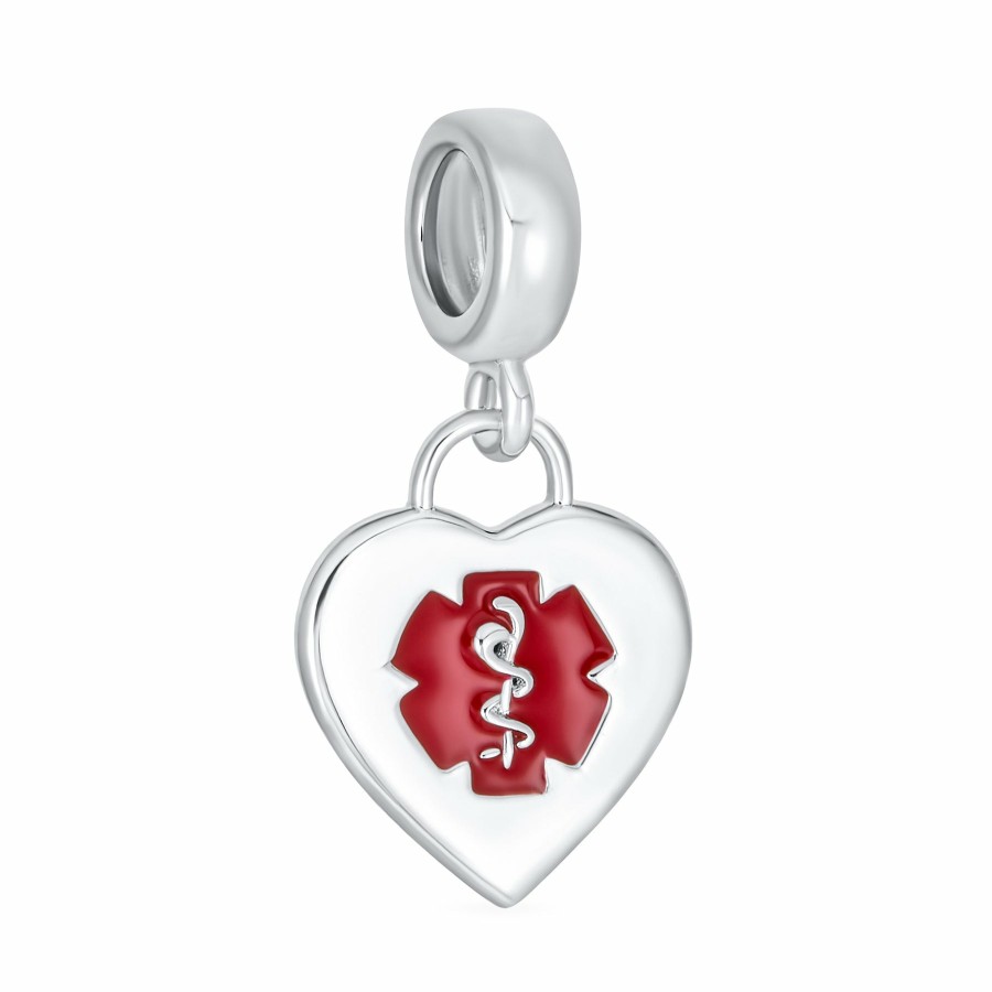 Shop Women Bling Jewelry Engravable Charms | Medical Alert Id Heart Shape Dangle Bead Charm .925Sterling Silver