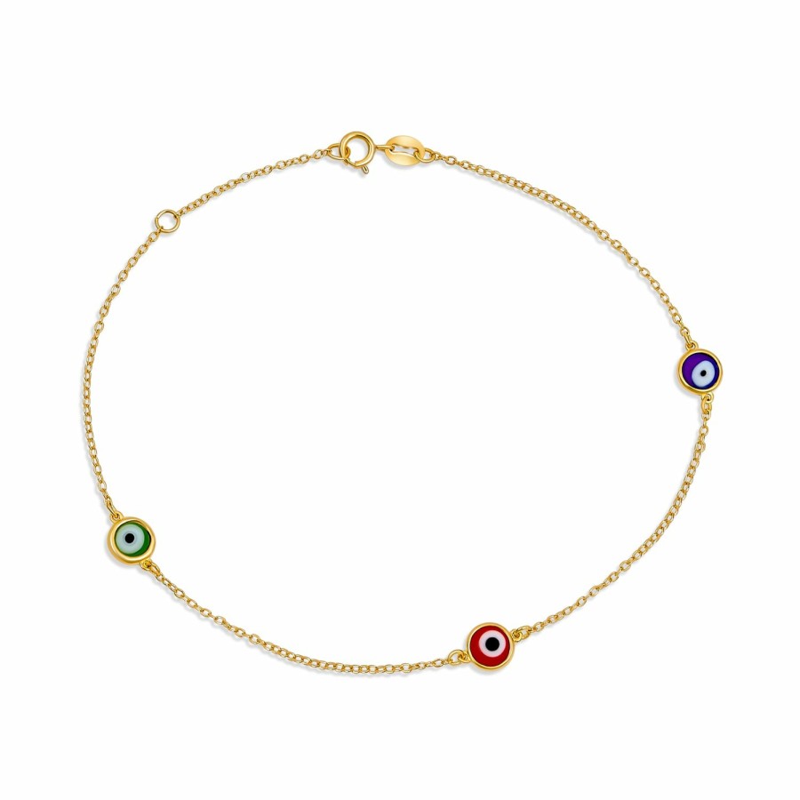 Shop Women Bling Jewelry Delicate Bracelets | Minimalist Double Chain 2 Row Multi Color Evil Eyes Charm Anklet Bracelet