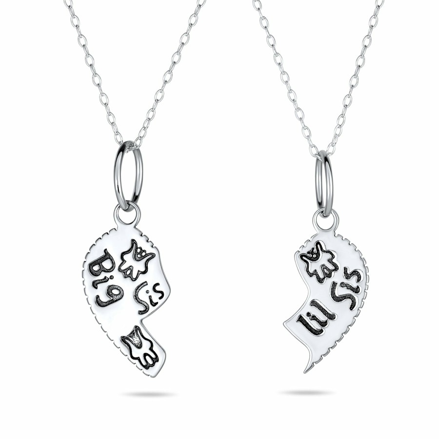 Shop Women Bling Jewelry Pendant Necklaces | Sis Lil Sis Best Friend Split Heart Apart 2Pc Sterling Necklace Silver