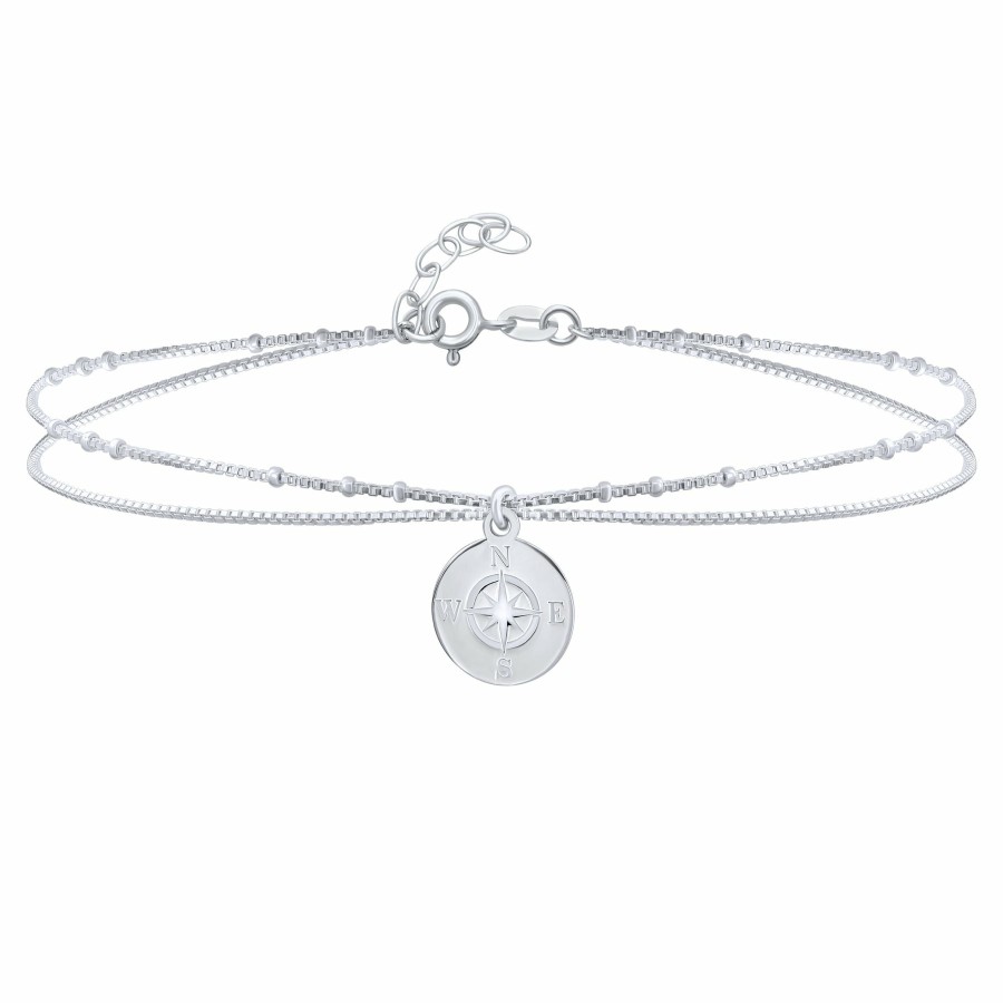 Shop Women Bling Jewelry Engravable Bracelets | Medallion Travel Protection Compass Anklet Bracelet Sterling Silver