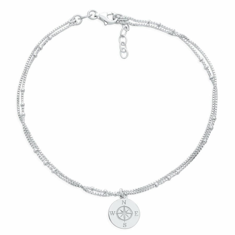 Shop Women Bling Jewelry Engravable Bracelets | Medallion Travel Protection Compass Anklet Bracelet Sterling Silver