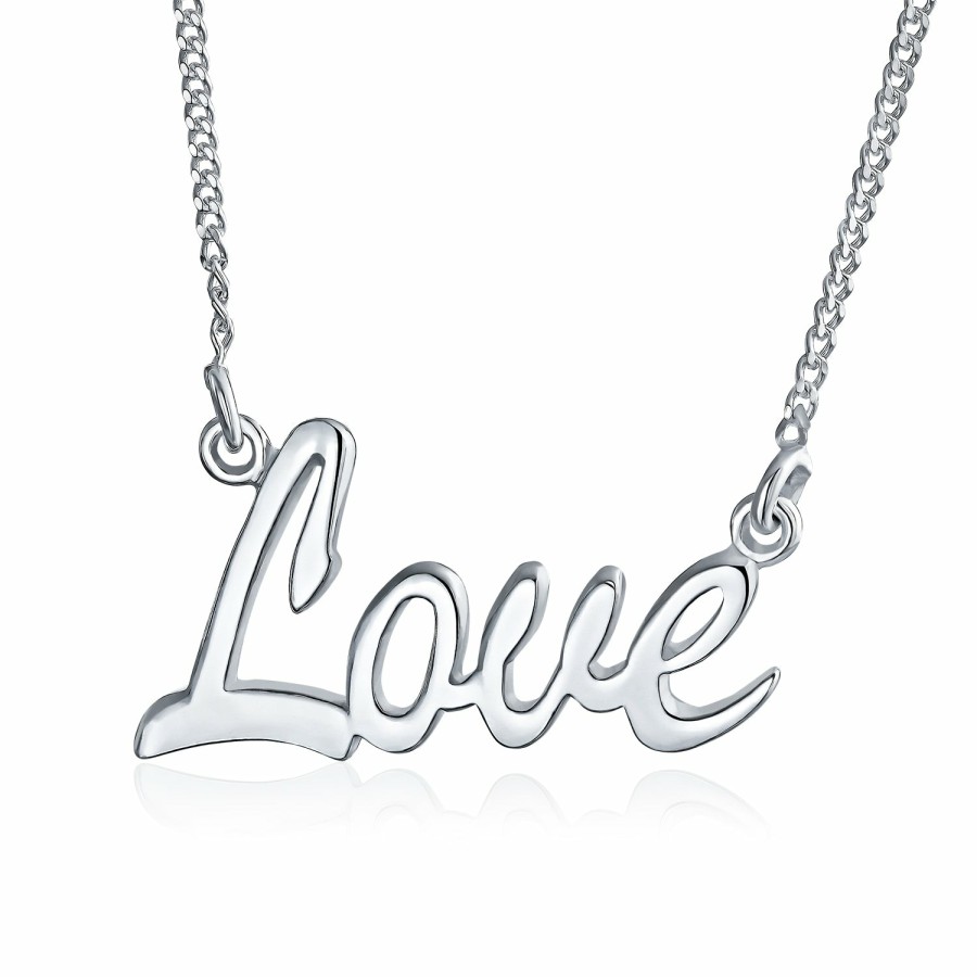 Shop Women Bling Jewelry Delicate Pendant Necklaces | Message Love Lucky Believe Sideways Station Words Necklace .925 Silver