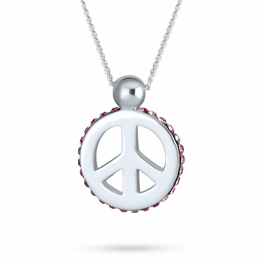 Shop Women Bling Jewelry Pendant Necklaces | Peace Pendant Pink Crystal Edge Charm Sterling Silver Necklace 18 In