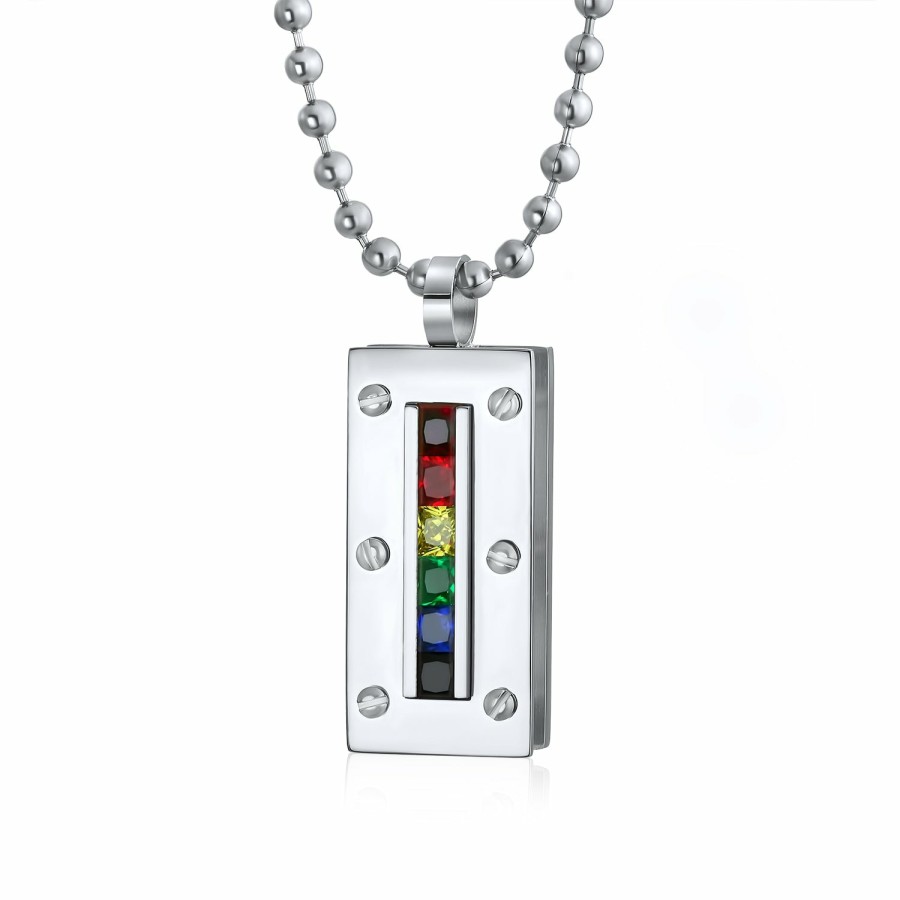 Shop Women Bling Jewelry Pendant Necklaces | Lgbtq Gay Pride Cz Dog Tag Pendant Necklace Stainless Steel Bead Chain Silver Tone