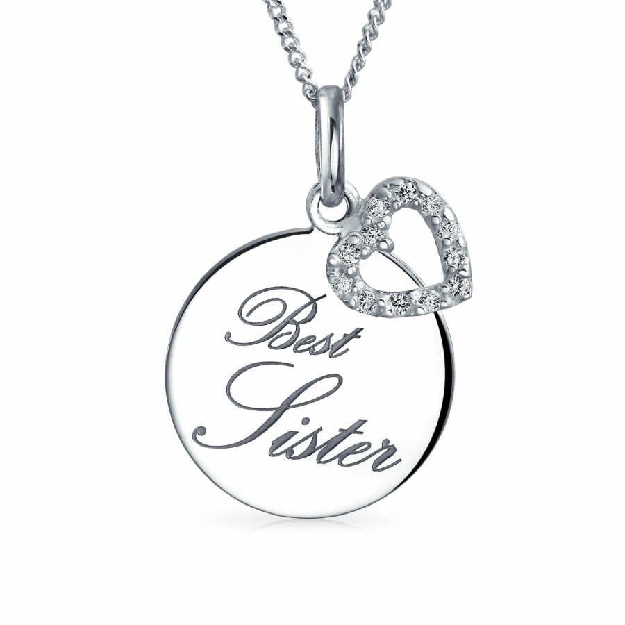 Shop Women Bling Jewelry Engravable Necklaces | Best Sister Word Pendant Necklace Circle Disc Cz Heart Sterling Silver