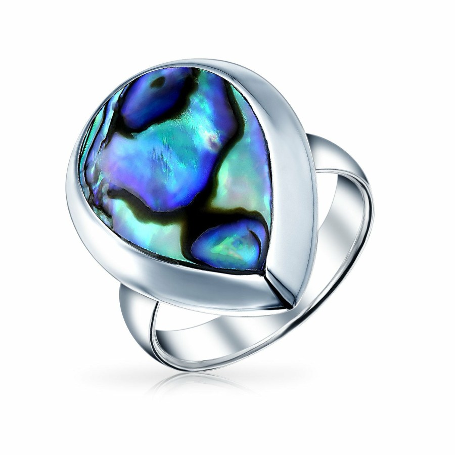 Shop Women Bling Jewelry Statement Cocktail Rings | Large Teardrop Bezel Rainbow Shell Abalone Ring .925 Sterling Silver