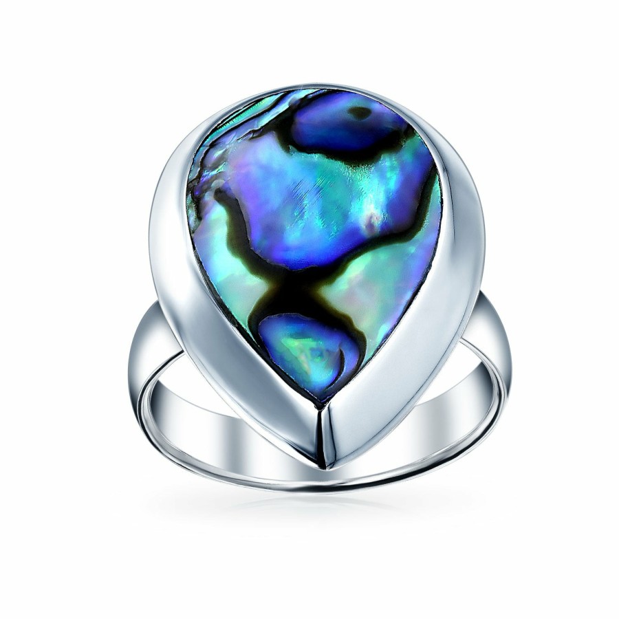 Shop Women Bling Jewelry Statement Cocktail Rings | Large Teardrop Bezel Rainbow Shell Abalone Ring .925 Sterling Silver