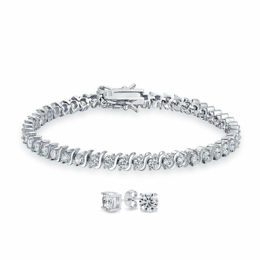 Shop Women Bling Jewelry Tennis Bracelets | Bridal Wave S Link Aaa Cz Solitaire Tennis Bracelet Sterling 7"