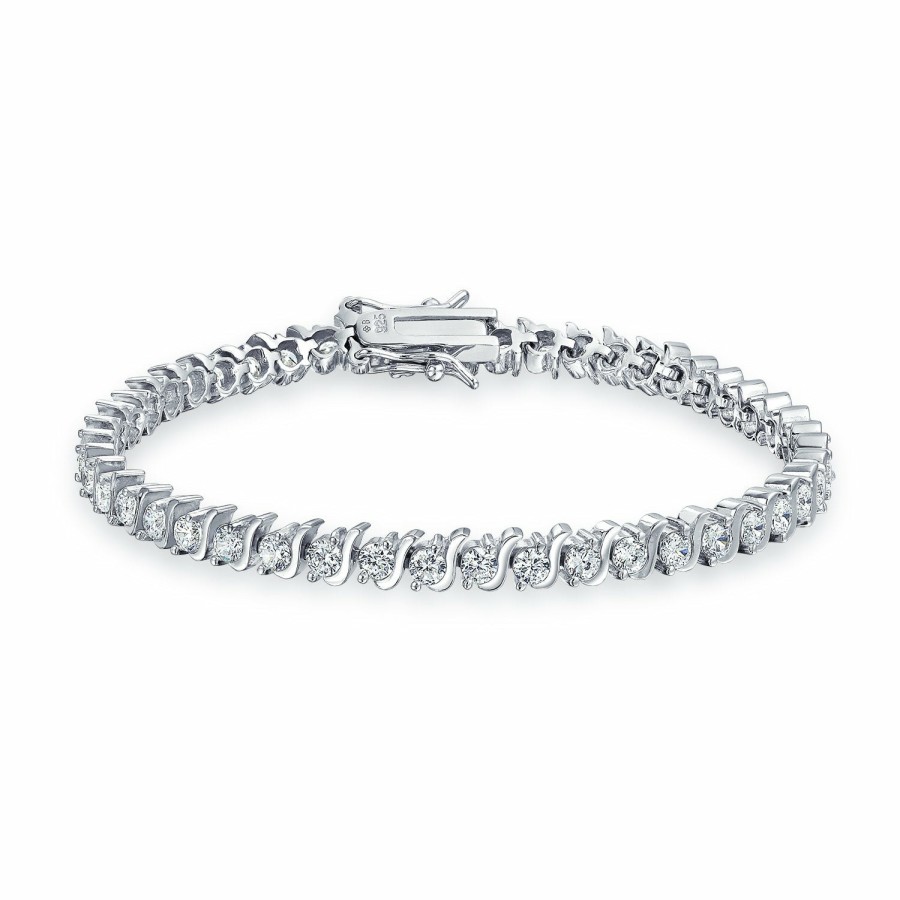 Shop Women Bling Jewelry Tennis Bracelets | Bridal Wave S Link Aaa Cz Solitaire Tennis Bracelet Sterling 7"