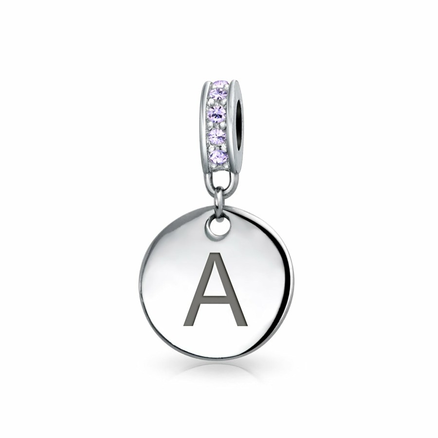 Shop Women Bling Jewelry Abc Initial | Purple Crystal Alphabet Initials Disc Dangle Circle Charm .925 Silver