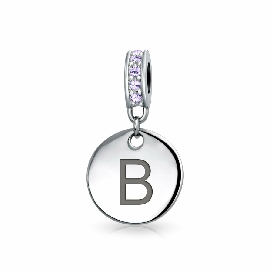 Shop Women Bling Jewelry Abc Initial | Purple Crystal Alphabet Initials Disc Dangle Circle Charm .925 Silver