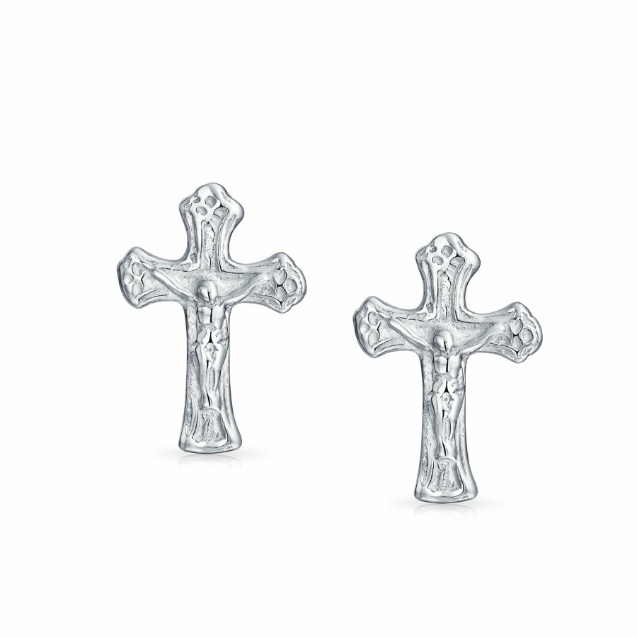 Shop Women Bling Jewelry | Catholic Crucifix Cross Stud Earrings Communion .925 Sterling Silver