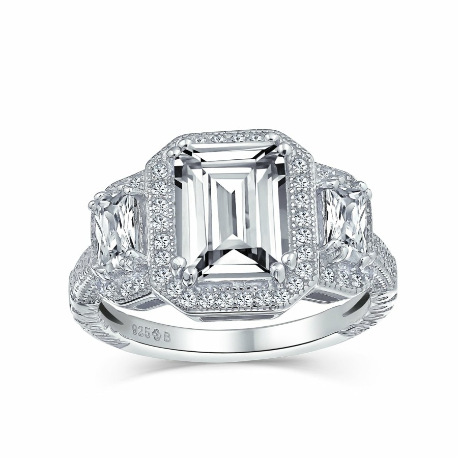 Shop Women Bling Jewelry Engagement Rings | 3Ct Halo 3 Stone Emerald Cut Cz Engagement Ring Cz .925 Sterling Silver