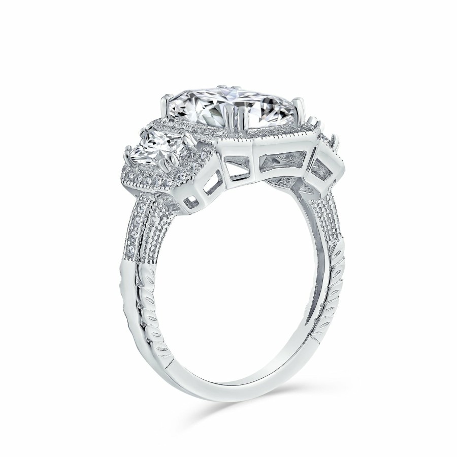 Shop Women Bling Jewelry Engagement Rings | 3Ct Halo 3 Stone Emerald Cut Cz Engagement Ring Cz .925 Sterling Silver