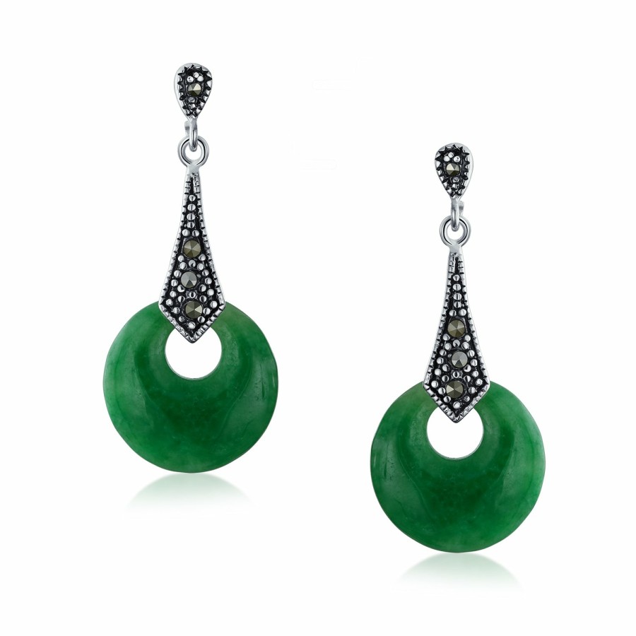 Shop Women Bling Jewelry Dangle Drop Earrings | Good Fortune Marcasite Green Jade Circle Drop Earrings Sterling Silver