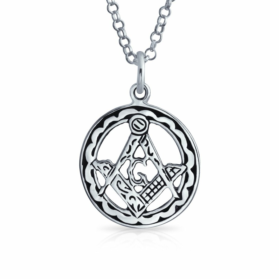 Shop Women Bling Jewelry Pendant Necklaces | Masonic Freemason Compass Circle Pendant .925 Sterling Silver Necklace