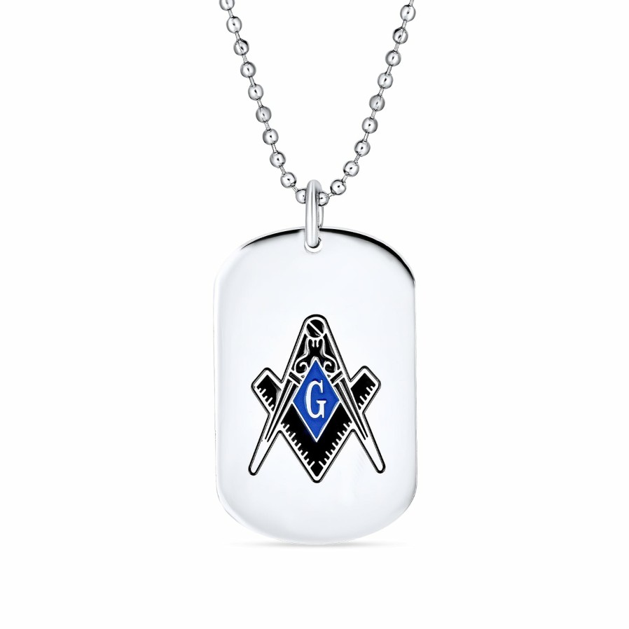 Shop Men Bling Jewelry Mens Engravable Necklaces | Freemasons Masonic Compass Dog Tag Black Blue Pendant Stainless Steel Silver Tone