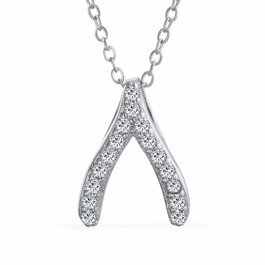 Shop Women Bling Jewelry Pendant Necklaces | Solid Sterling Silver Good Luck Charm Wish Bone Pave Pendant Necklace