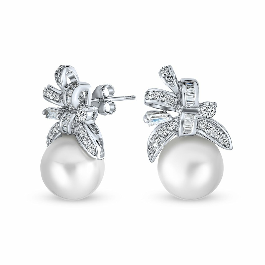 Shop Women Bling Jewelry Dangle Drop Earrings | Bridal Ribbon Cz White Stud Imitation Pearl Earrings Sterling Silver