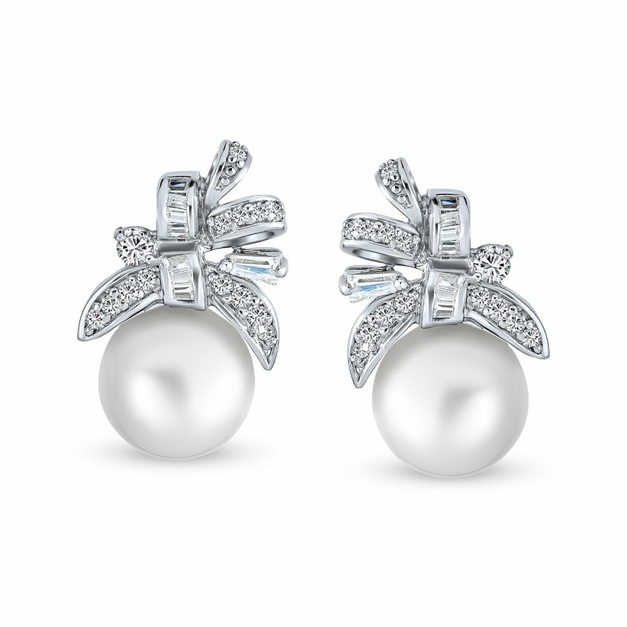 Shop Women Bling Jewelry Dangle Drop Earrings | Bridal Ribbon Cz White Stud Imitation Pearl Earrings Sterling Silver