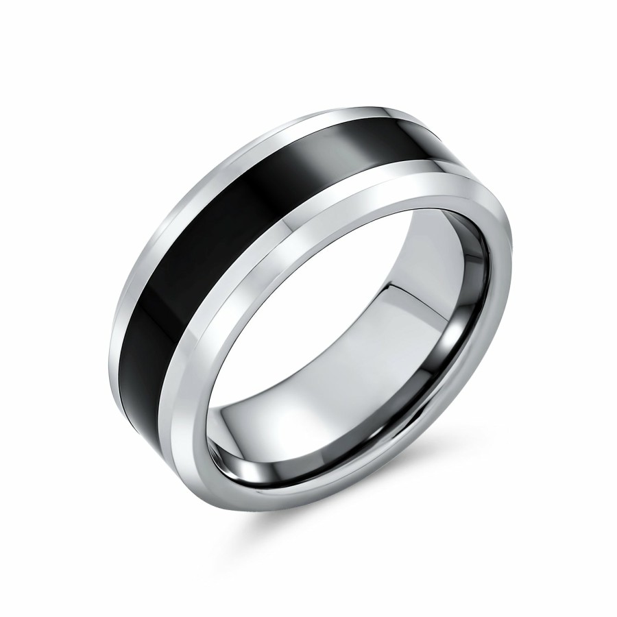 Shop Men Bling Jewelry Mens Engravable Rings | Two Tone Black Couples Wedding Band Titanium Ring Beveled Edge 8Mm Silver