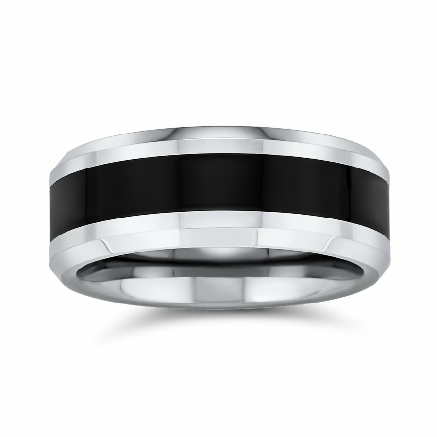 Shop Men Bling Jewelry Mens Engravable Rings | Two Tone Black Couples Wedding Band Titanium Ring Beveled Edge 8Mm Silver