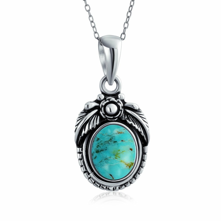 Shop Women Bling Jewelry Engravable Necklaces | Western Native American Style Turquoise Oval Leaf .925 Silver Pendant