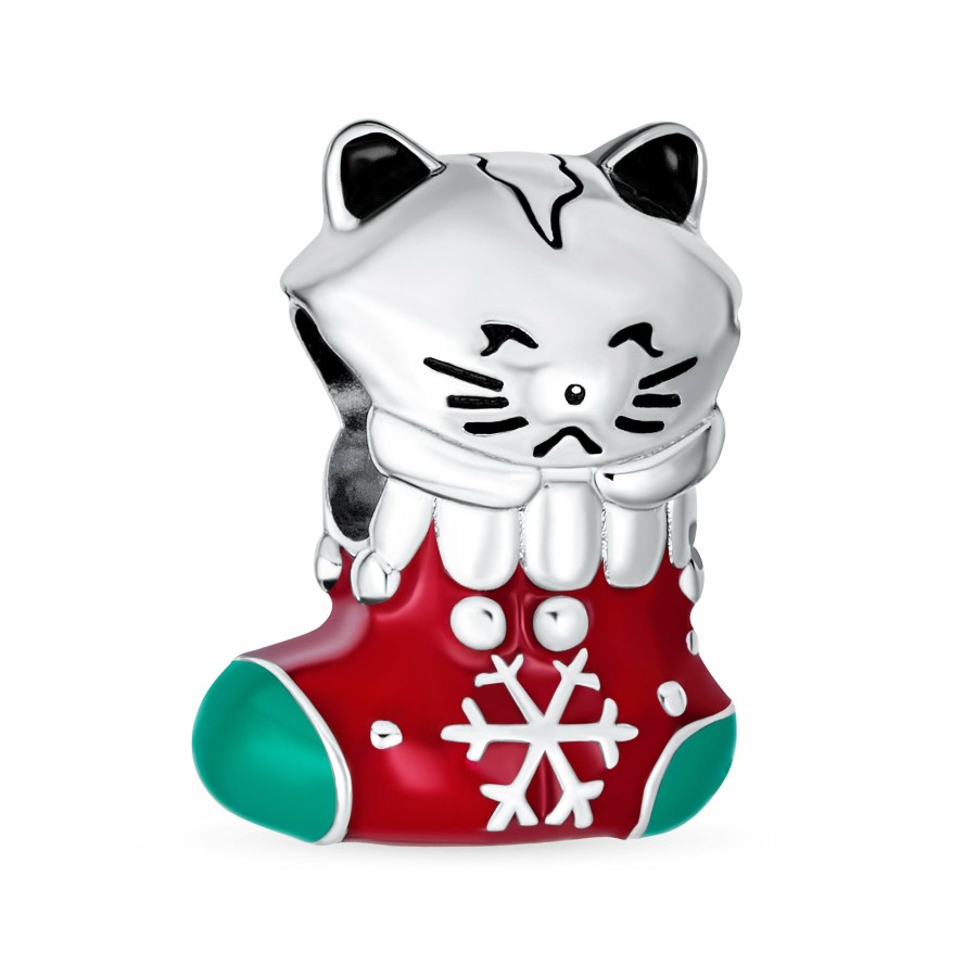 Shop Women Bling Jewelry Unique Charms | Christmas Set Of 3 Animal Pet Cat In Stocking Snowflake Candy Cane Charm Bead