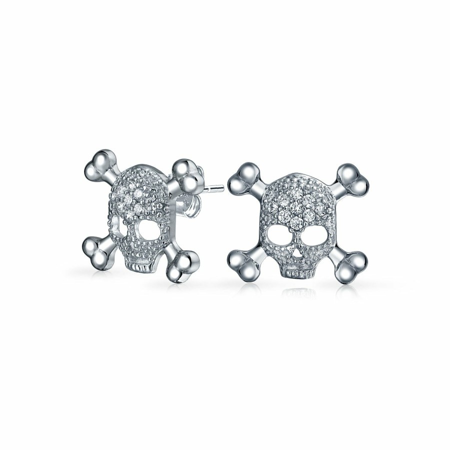 Shop Men Bling Jewelry Mens Earrings | Unisex Dia De Los Muertos White Cz Eye Crossbones Skull Stud Earrings