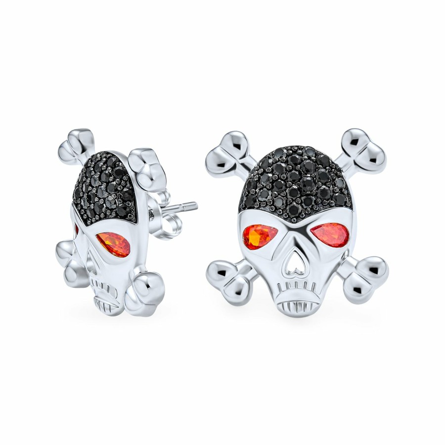 Shop Men Bling Jewelry Mens Earrings | Unisex Dia De Los Muertos White Cz Eye Crossbones Skull Stud Earrings