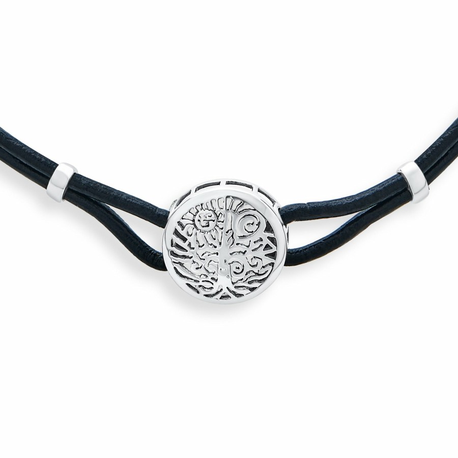 Shop Women Bling Jewelry Choker Necklaces | Celtic Sun Raise Tree Life Medallion Leather Necklace Sterling Silver