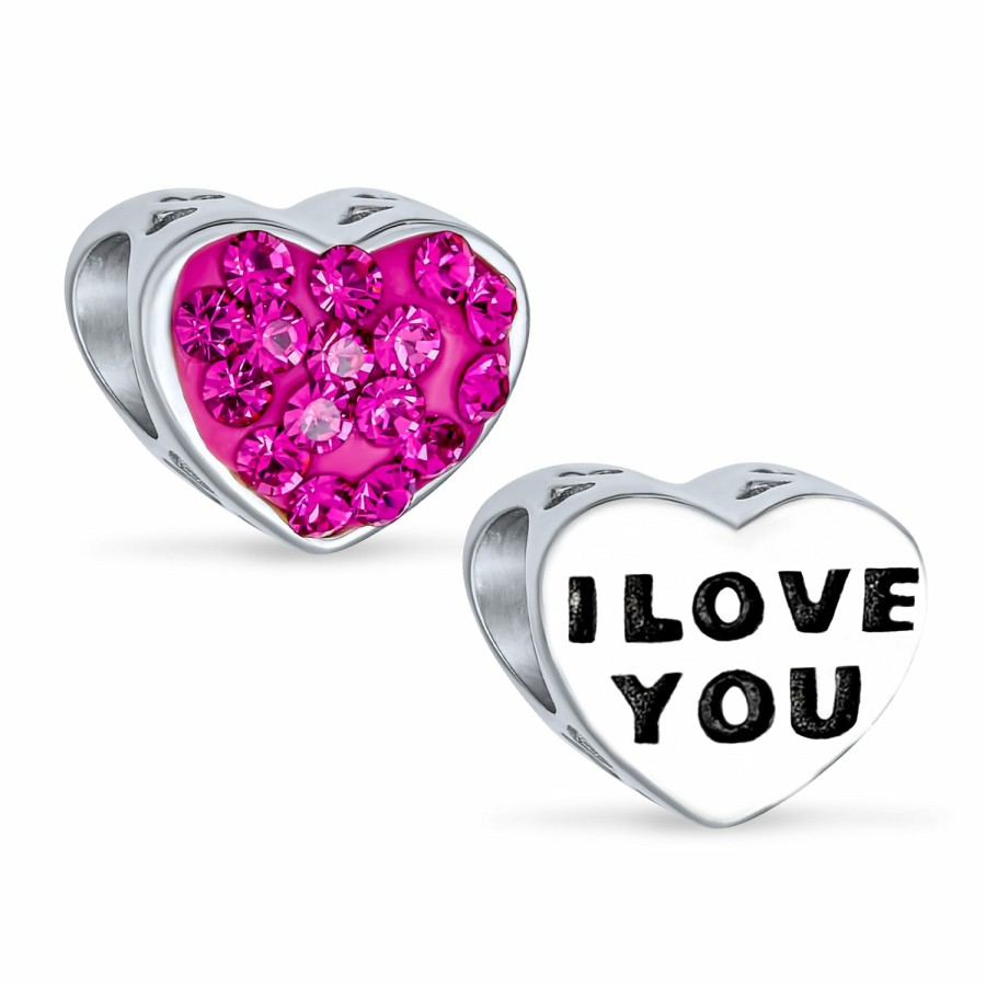 Shop Women Bling Jewelry Unique Charms | Pink Silver I Love You Or Princess Heart Crystal Bead Sterling Charm