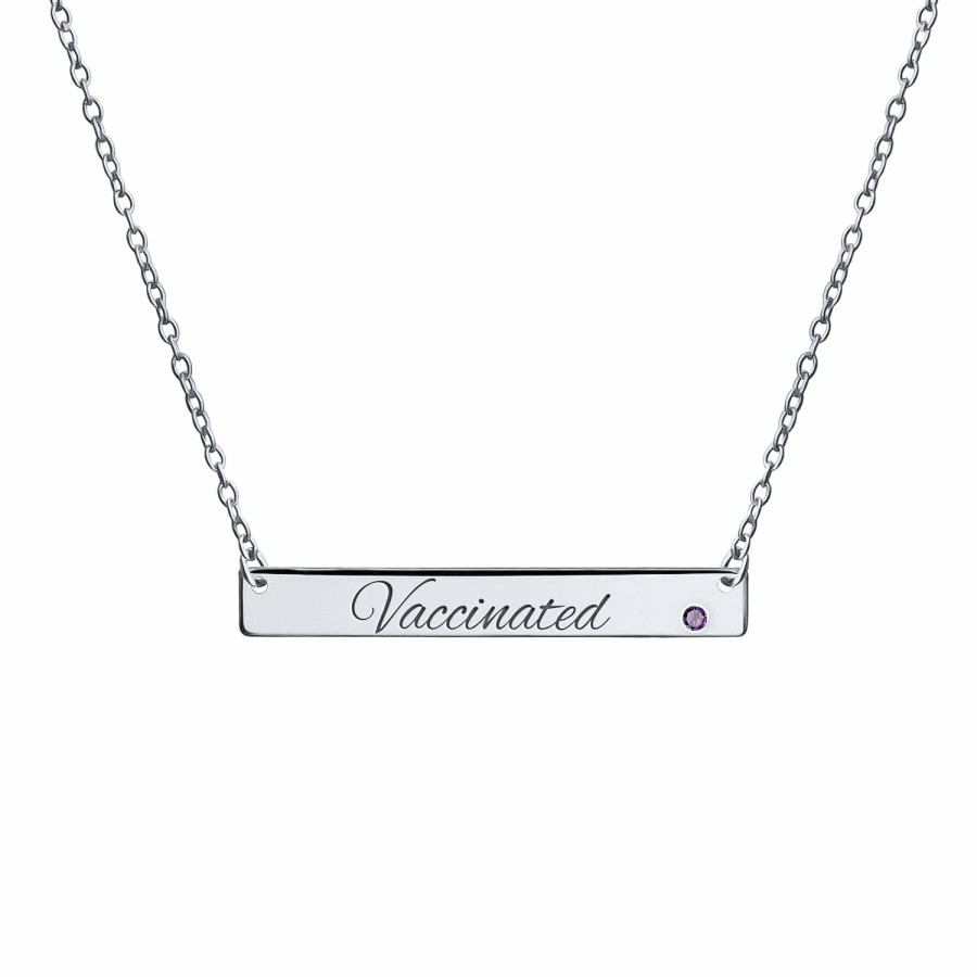 Shop Women Bling Jewelry Engravable Necklaces | Vaccinated Horizontal Name Plate Bar Crystal Birthstone .925 Silver