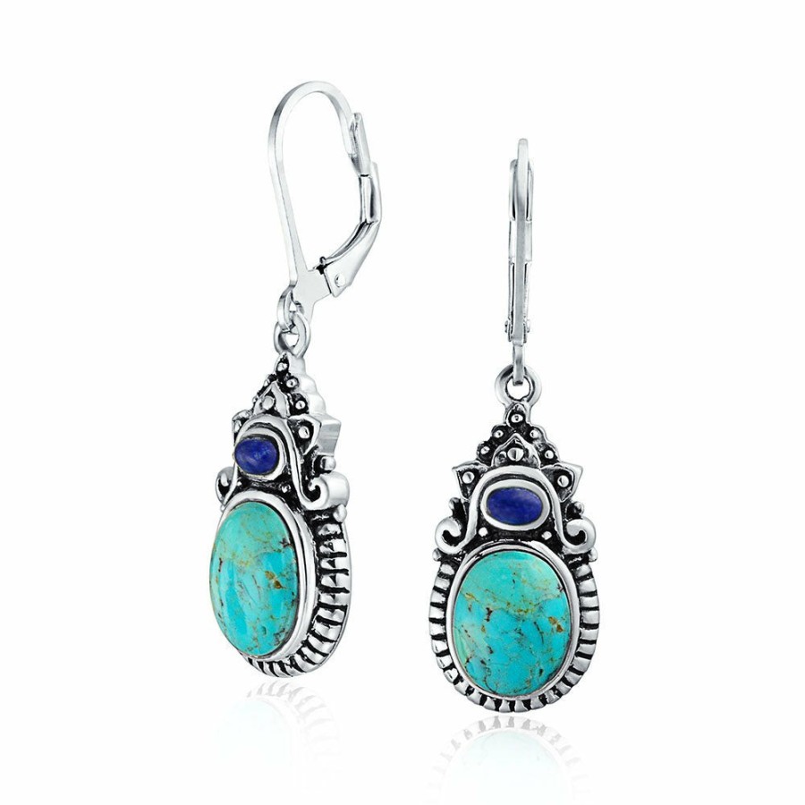 Shop Women Bling Jewelry Dangle Drop Earrings | Multi Stones Turquoise Oval Lapis Dangle Earrings Sterling Silver