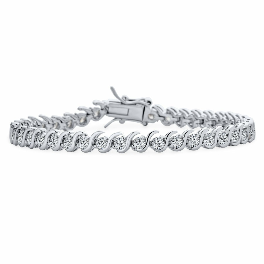 Shop Women Bling Jewelry Tennis Bracelets | 4 Mm Bridal Wave S Link Cz Solitaire Tennis Bracelet Silver 7,7.5"