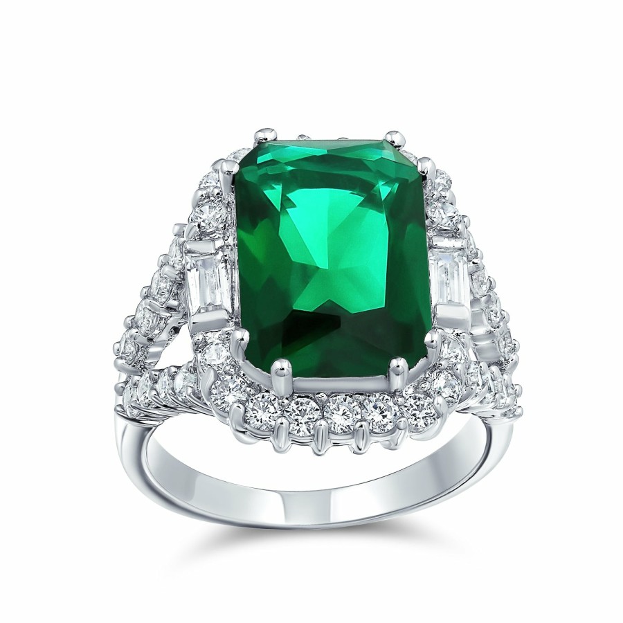 Shop Women Bling Jewelry Statement Cocktail Rings | Solitaire Cz Imitation Emerald Green Statement Ring Silver Plated