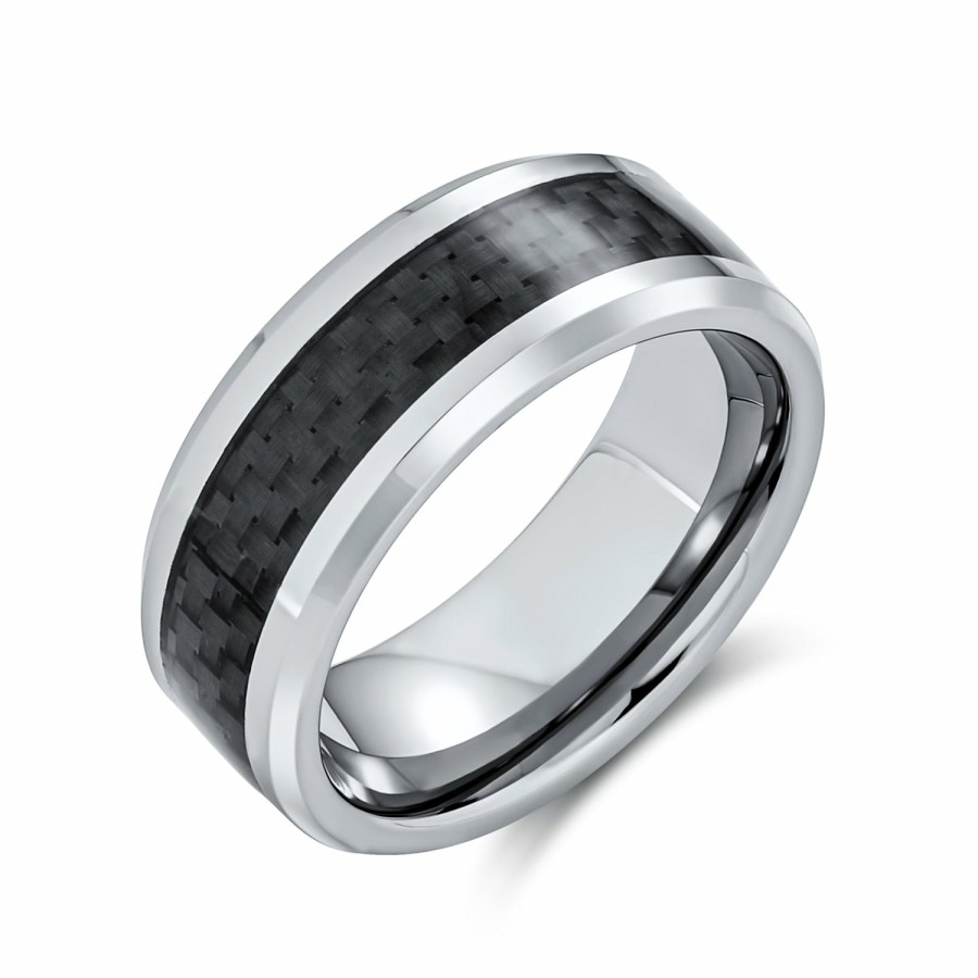 Shop Women Bling Jewelry Engravable Rings | Geometric Blue Cobalt Carbon Fiber Inlay Titanium Wedding Band Rings