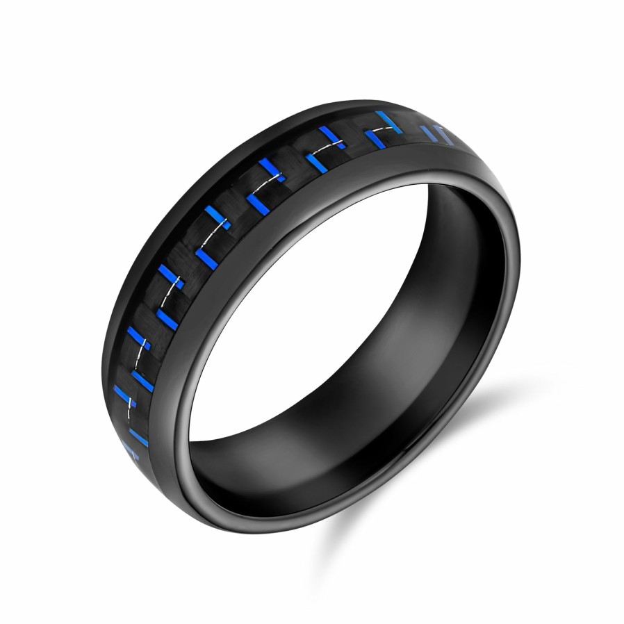 Shop Women Bling Jewelry Engravable Rings | Geometric Blue Cobalt Carbon Fiber Inlay Titanium Wedding Band Rings