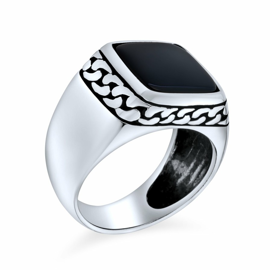 Shop Men Bling Jewelry Mens Engravable Rings | Mens Chain Link Accent Gemstone Statement Rectangle Signet Ring Silver Black Onyx