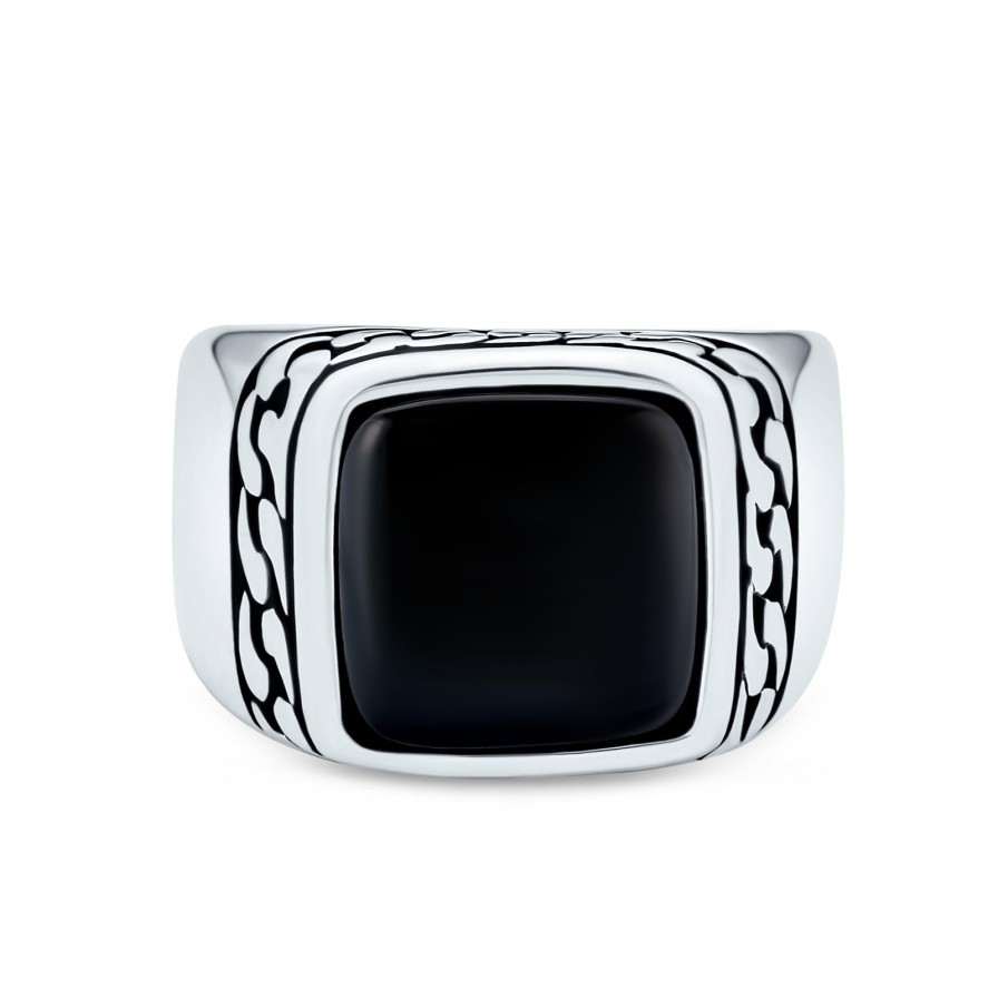 Shop Men Bling Jewelry Mens Engravable Rings | Mens Chain Link Accent Gemstone Statement Rectangle Signet Ring Silver Black Onyx