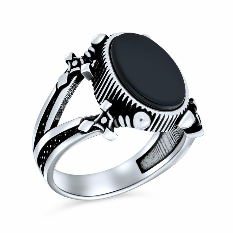 Shop Men Bling Jewelry Mens Engravable Rings | Mens Double Swords Shank Statement Oval Signet Ring Silver Black Onyx