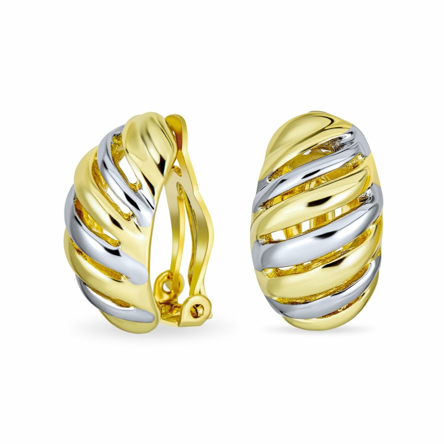 Shop Women Bling Jewelry Clip On Earrings | Classic Geometric Stripe Shrimp Dome Clip-On Earrings 2 Tone Gold Silver