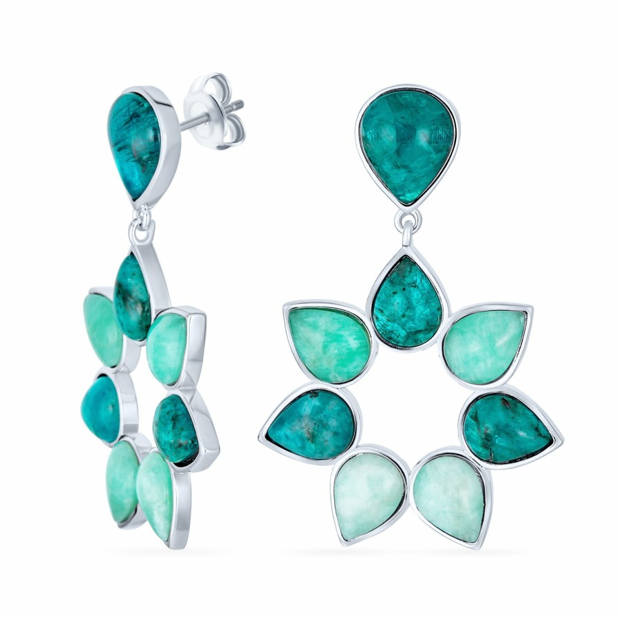 Shop Women Bling Jewelry Dangle Drop Earrings | Teal Green Blue Apatite & Brazil Amazonite Petals Flower Drop Earrings