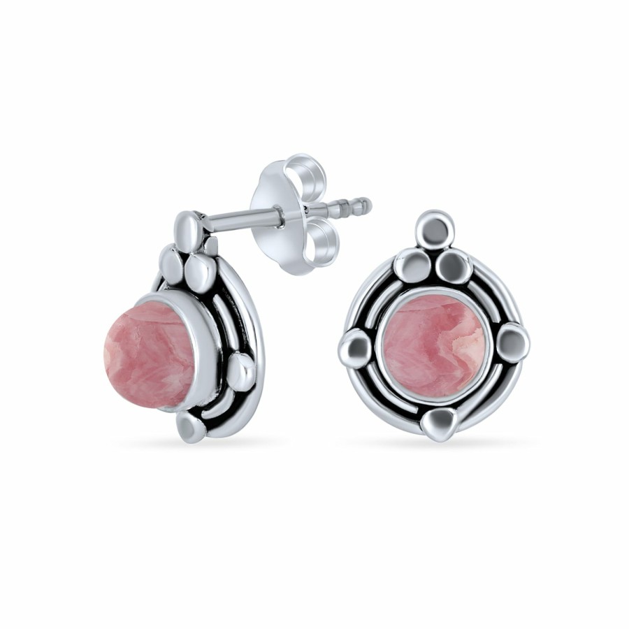 Shop Women Bling Jewelry Stud Earrings | Bezel Gemstone Ornate Round Stud Earrings Sterling Silver