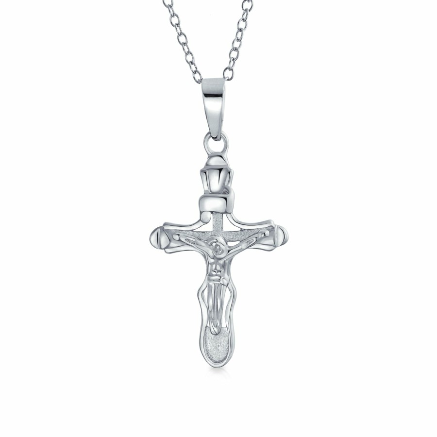 Shop Women Bling Jewelry Pendant Necklaces | Tradtional Unisex Religious Jesus Crucifix Cross Pendant Necklace .925 Silver