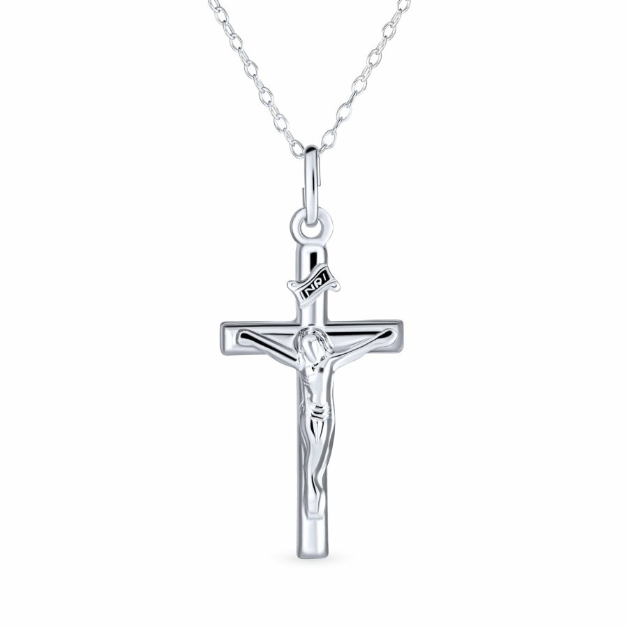 Shop Women Bling Jewelry Pendant Necklaces | Tradtional Unisex Religious Jesus Crucifix Cross Pendant Necklace .925 Silver