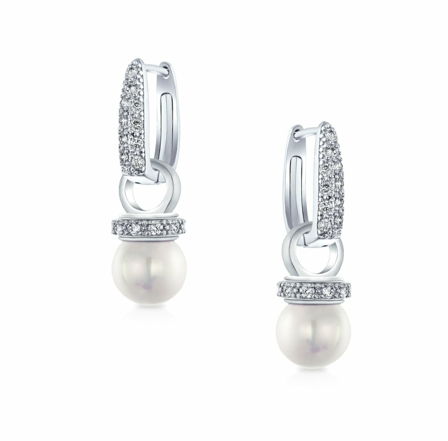 Shop Women Bling Jewelry Dangle Drop Earrings | Bridal Imitation White Pearl Drop Cz Hoop Earring Silver Plated