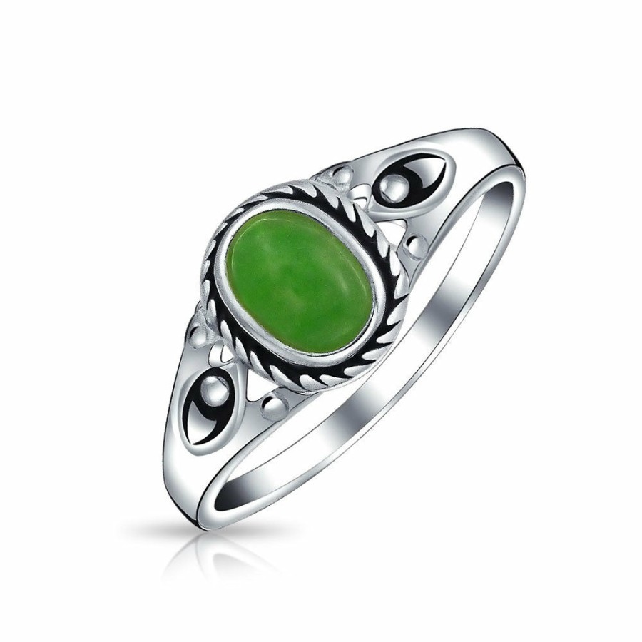 Shop Women Bling Jewelry Unique Rings | Boho Oval Dyed Green Jade Bezel Filigree Band Ring .925 Sterling Silver